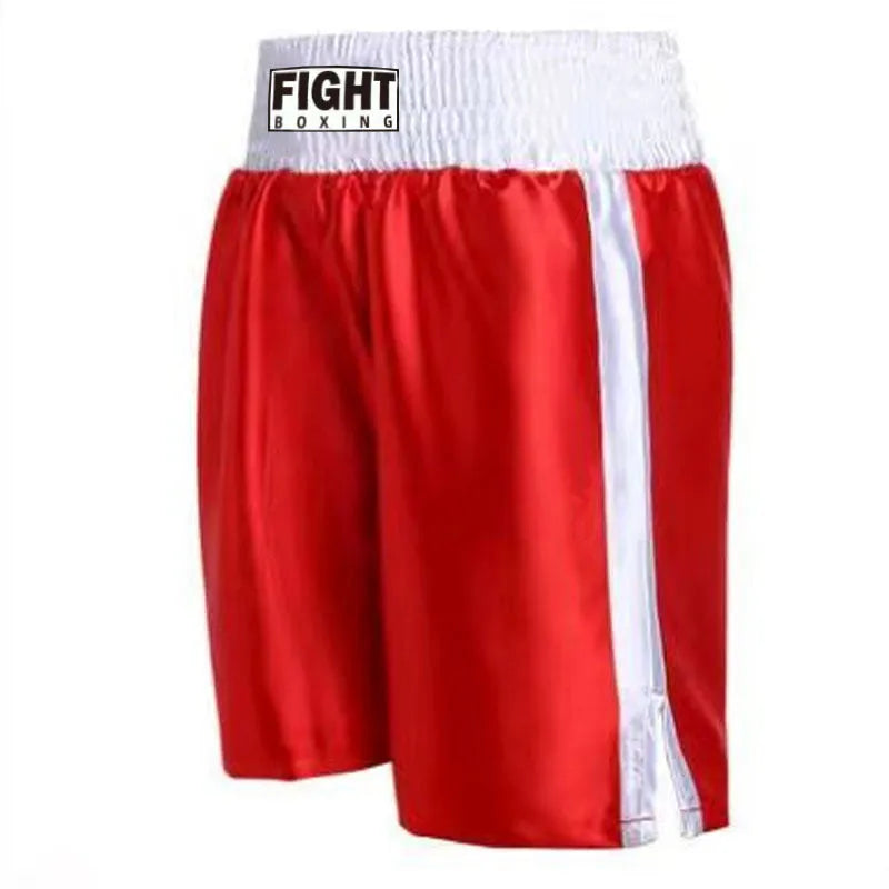 Boxing shorts for kickboxing in black and gold colour combination on a size chart.