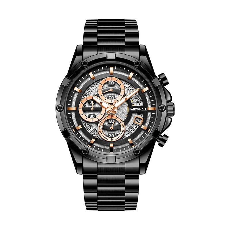 Men's waterproof luminous watch with steel belt in black and blue colour variant.