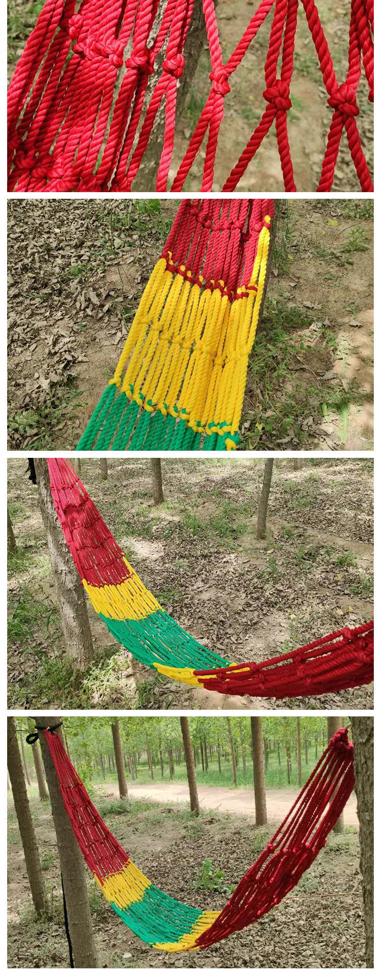 Outdoor nylon rope mesh hammock hung between two trees showing its woven construction and included tying ropes.