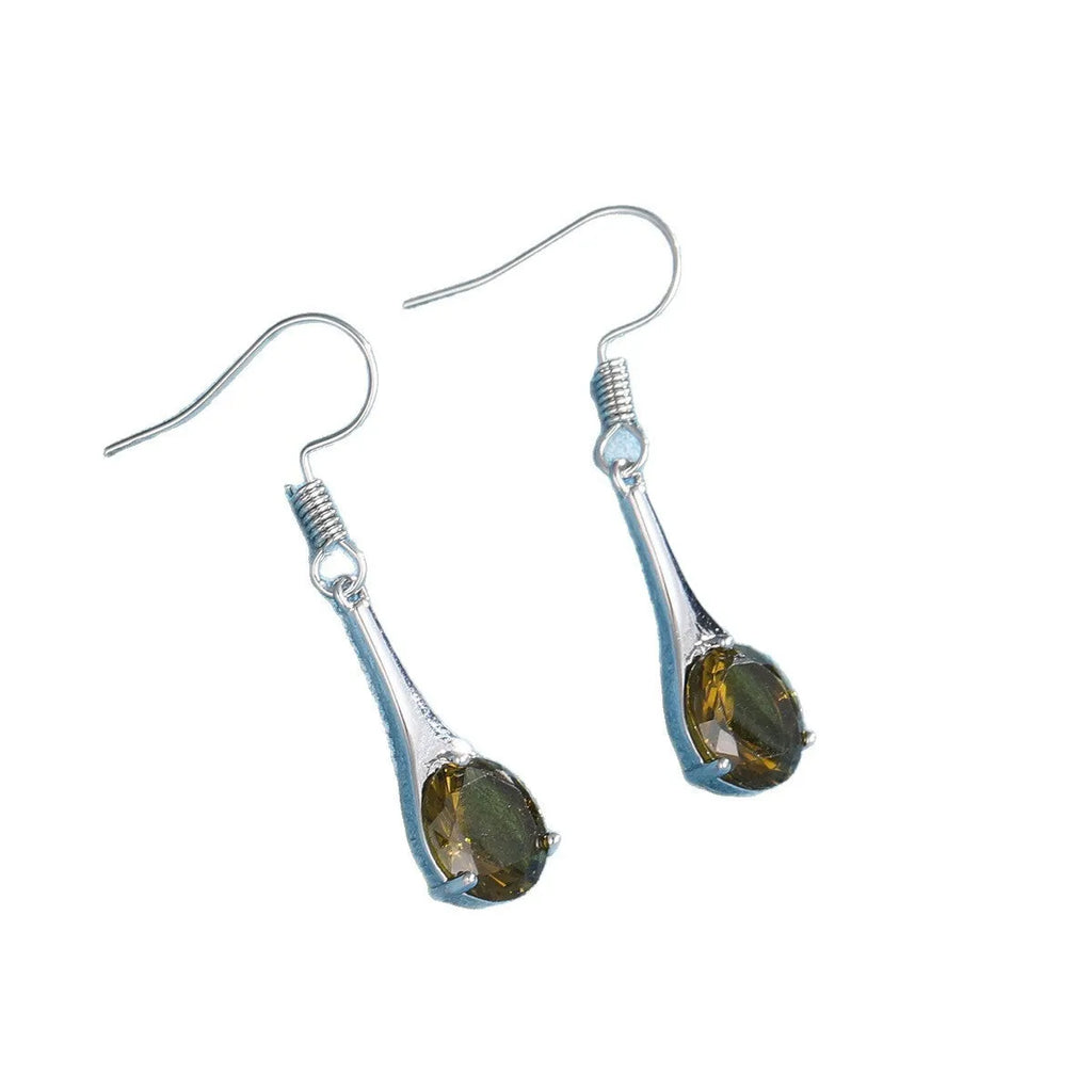 Women's olive green topaz coloured drop earrings with a simple water drop shape and retro style.