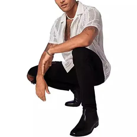Men's black knitted short-sleeved button shirt with jacquard texture and cardigan style