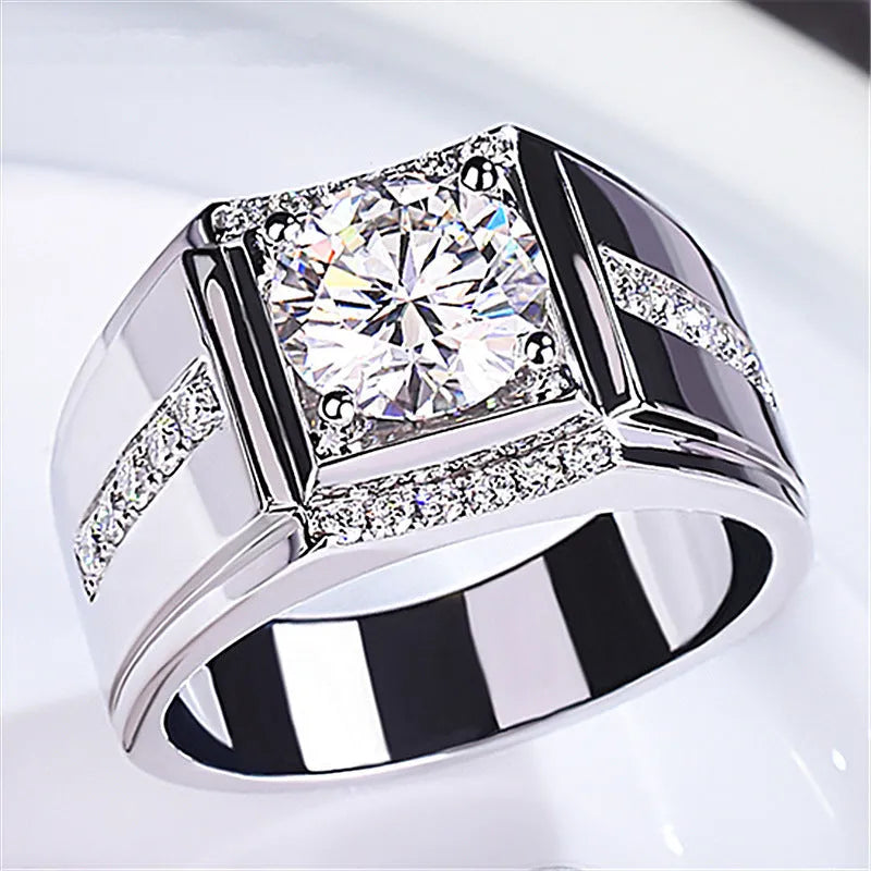 Men's adjustable open mouth ring with diamond-shaped geometric design and zircon stone centrepiece