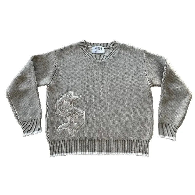 Grey jacquard pattern loose-fitting pullover knitwear coat with long sleeves