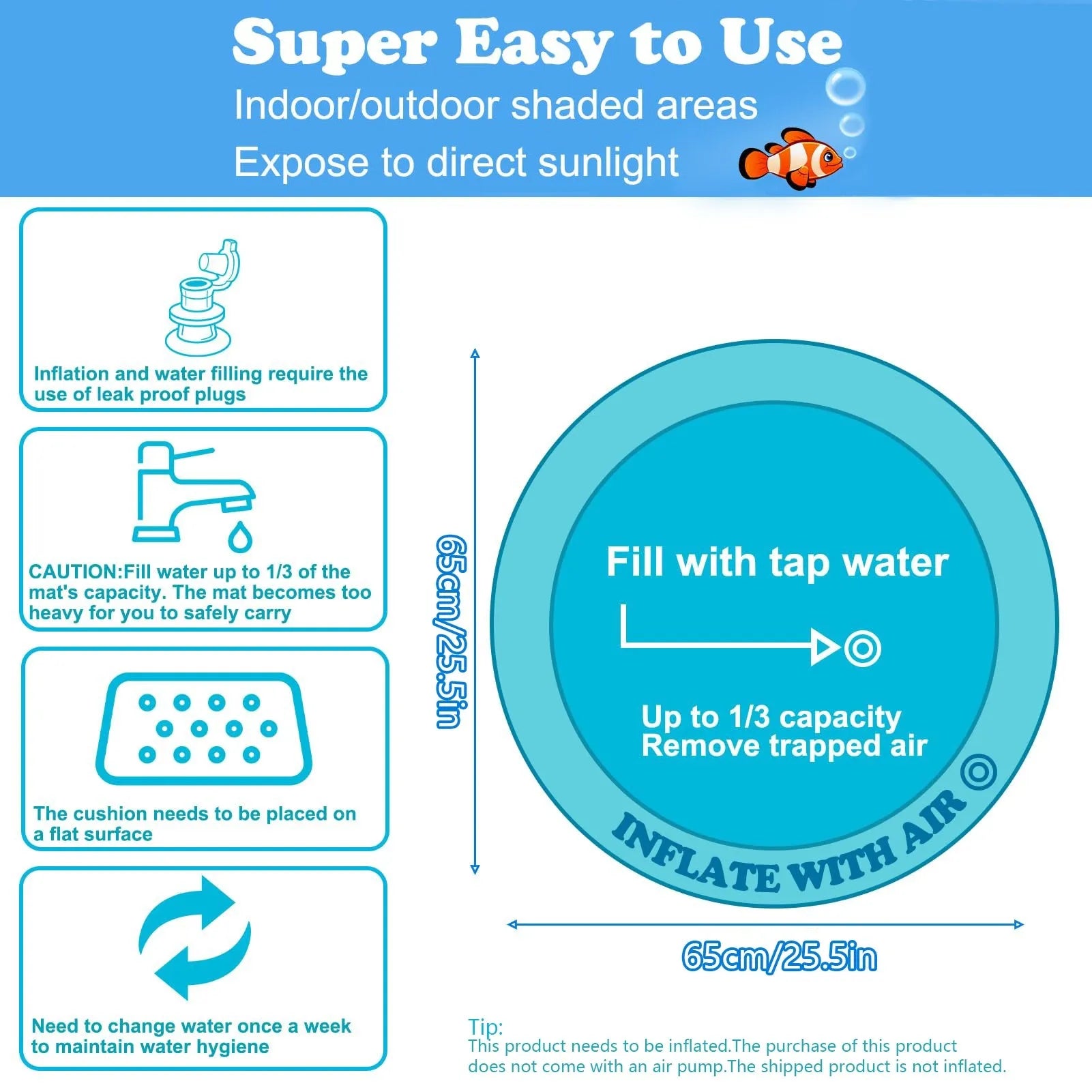 Thickened PVC water sensory playmat for cats and dogs with floating fish toys on a blue background