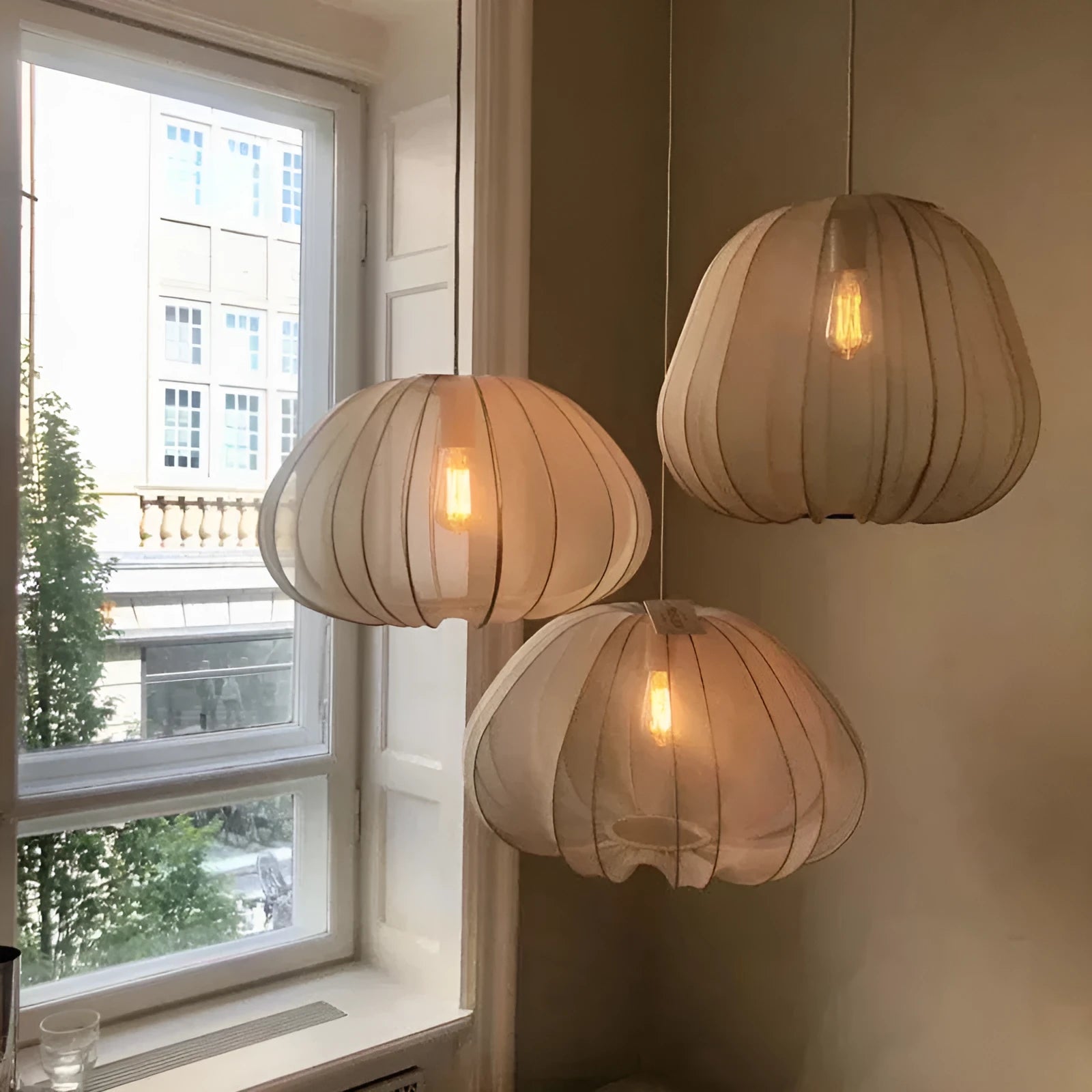 Japanese style net pumpkin ceiling lamp in white or grey blue with iron construction and branch design