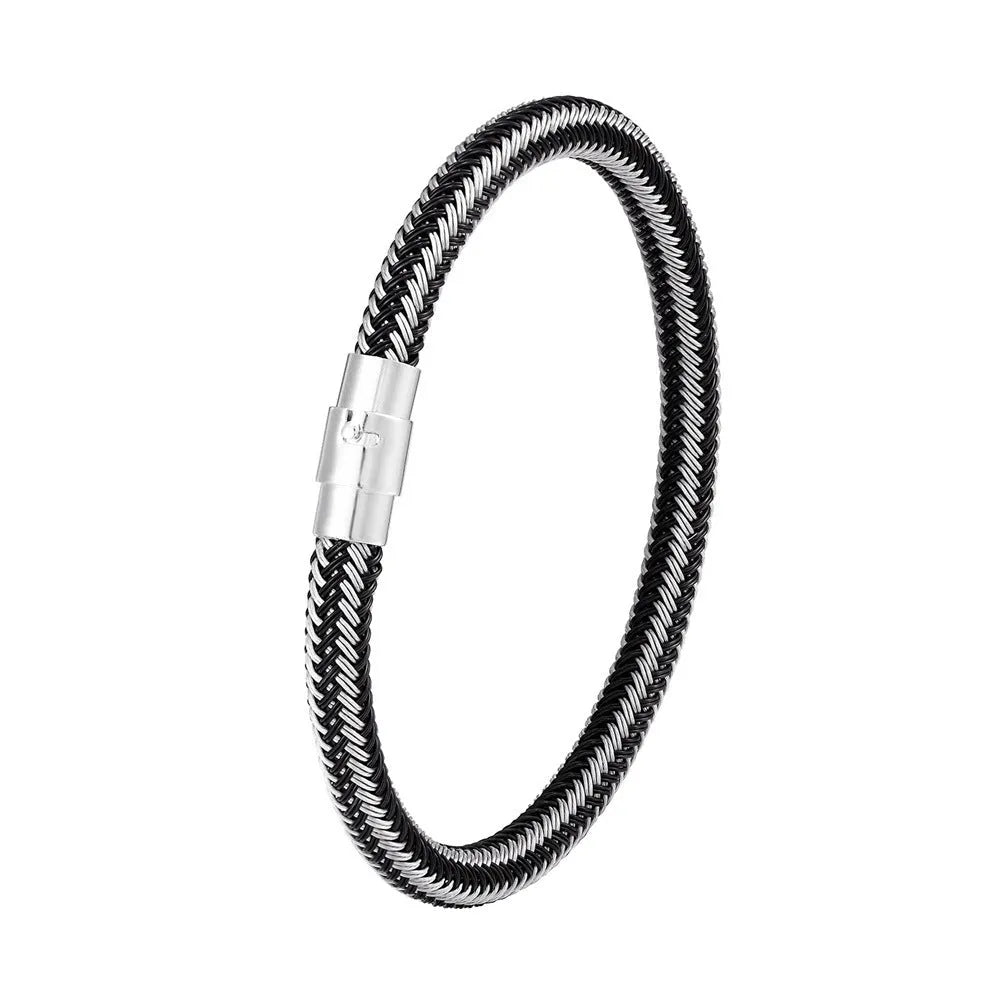 Geometric titanium steel wire bracelet with a magnetic clasp, shown in a unisex style.