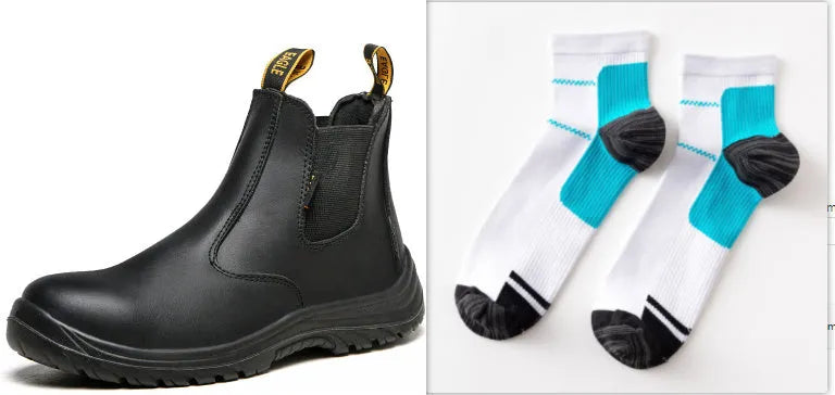 Black leather safety work boots with high-top design and anti-piercing soles