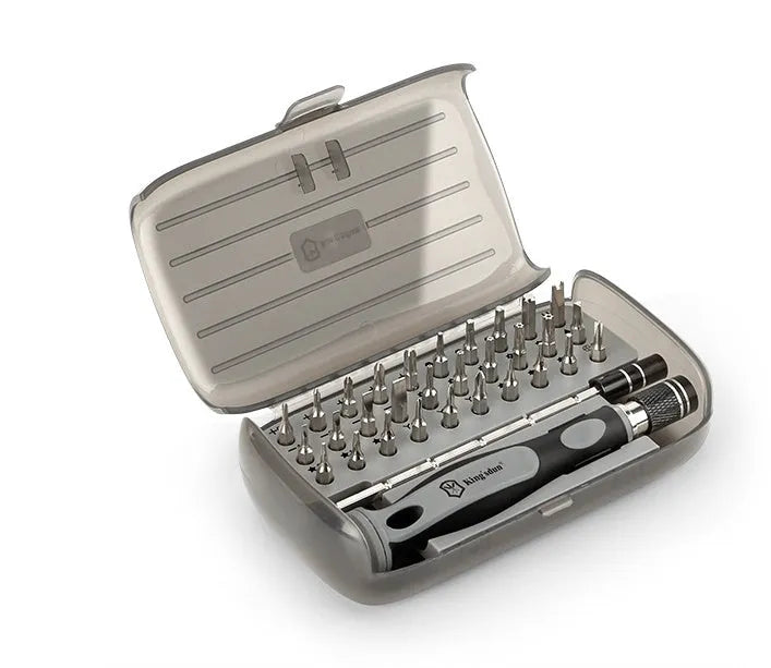 32 in 1 screwdriver set with 30 bits in compact plastic case measuring 130 x 75 x 37 mm