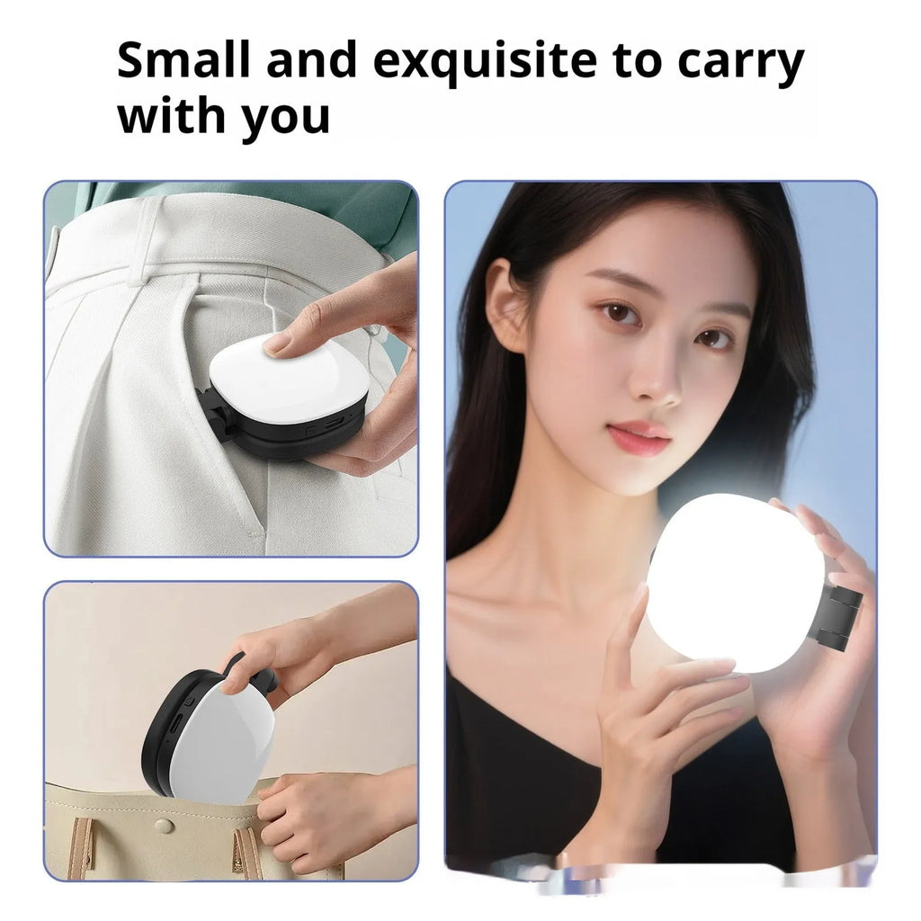 Black and white mobile phone selfie fill light with makeup mirror showing dimensions 61.2 x 76 x 25 mm
