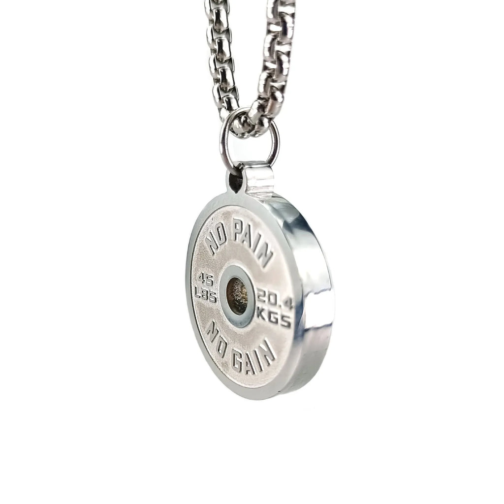 Stainless steel geometric barbell disk pendant necklace with 60cm chain on black background