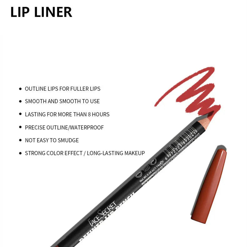 Wooden lip liner pencil showing matte finish with shade numbers 201-214 displayed