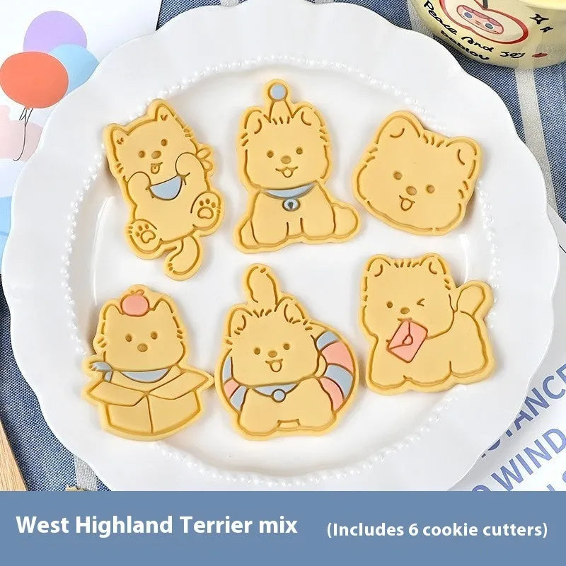 Plastic 3D cartoon puppy biscuit mould showing seven style variations including birthday hat and swimming ring designs