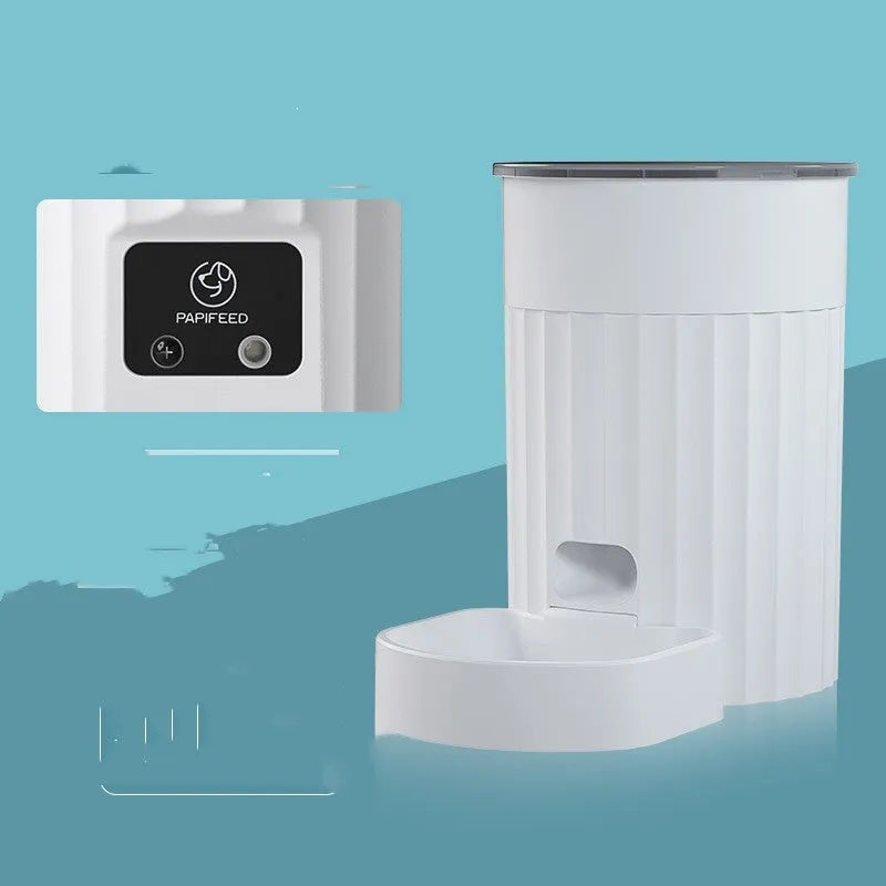 White PP cat automatic pet feeder with WIFI control, side view showing button panel and food tray