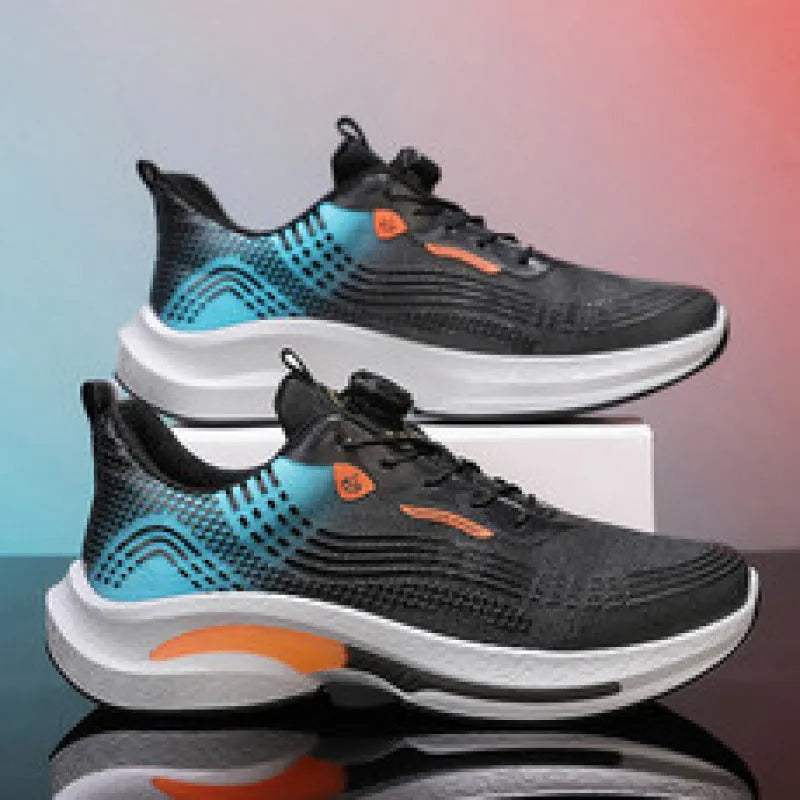 Men's low-top mesh sneakers with a rotating buckle, shown in black and blue colourway.