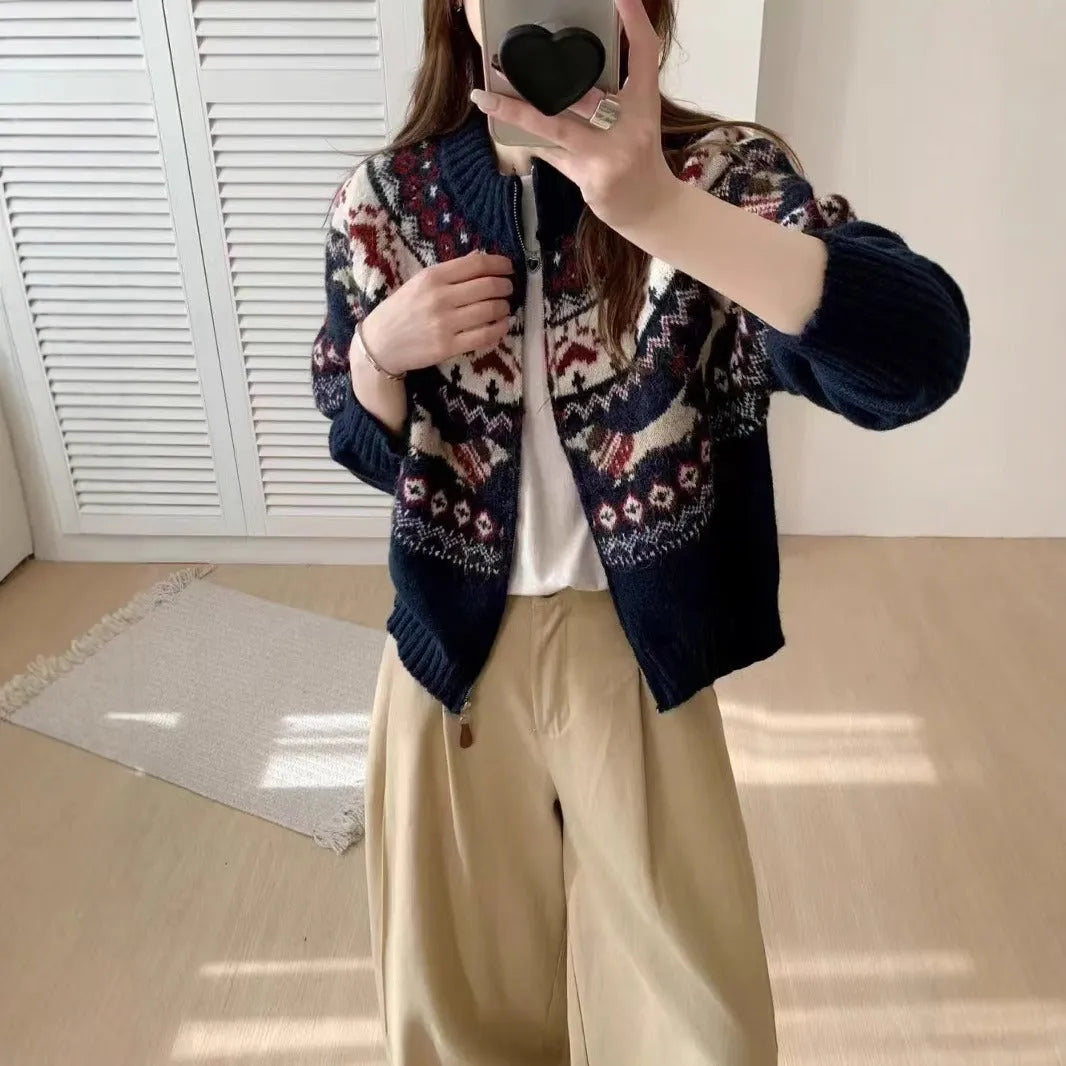 Ethnic style apricot and navy blue polyester jacquard pullover sweater with 3D pattern and loose fit