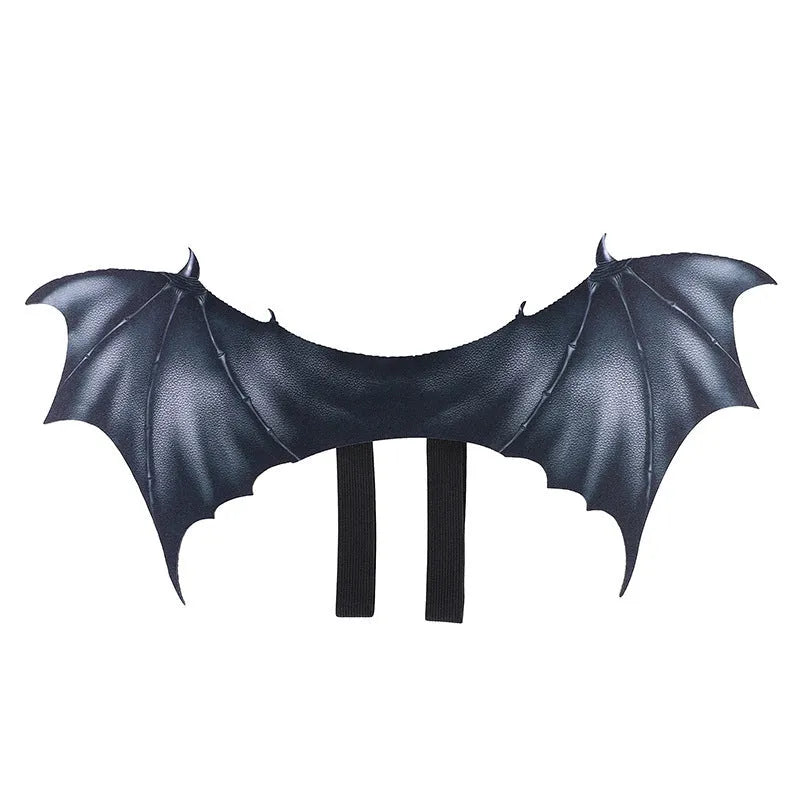 Black cloth bat wings costume for pets with three size options shown