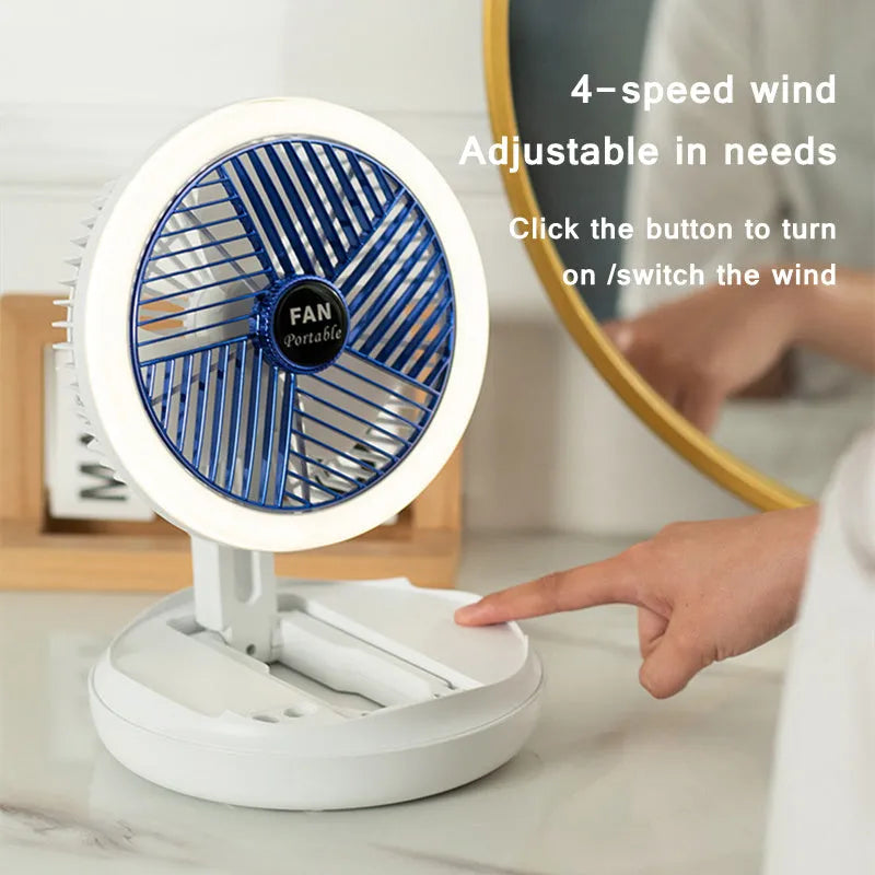 Blue USB charging foldable table fan with LED light showing wall mounting option and 300° tilt adjustment