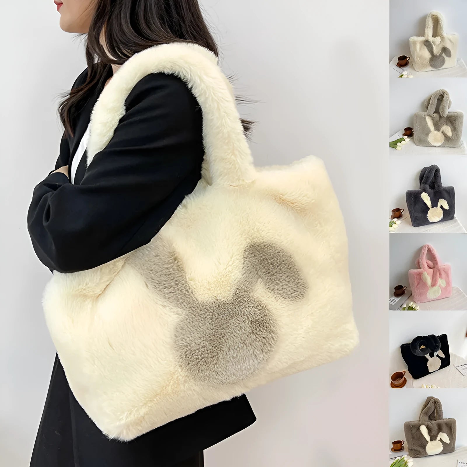 Cartoon rabbit ears plush shoulder bag in multiple colour options with large capacity