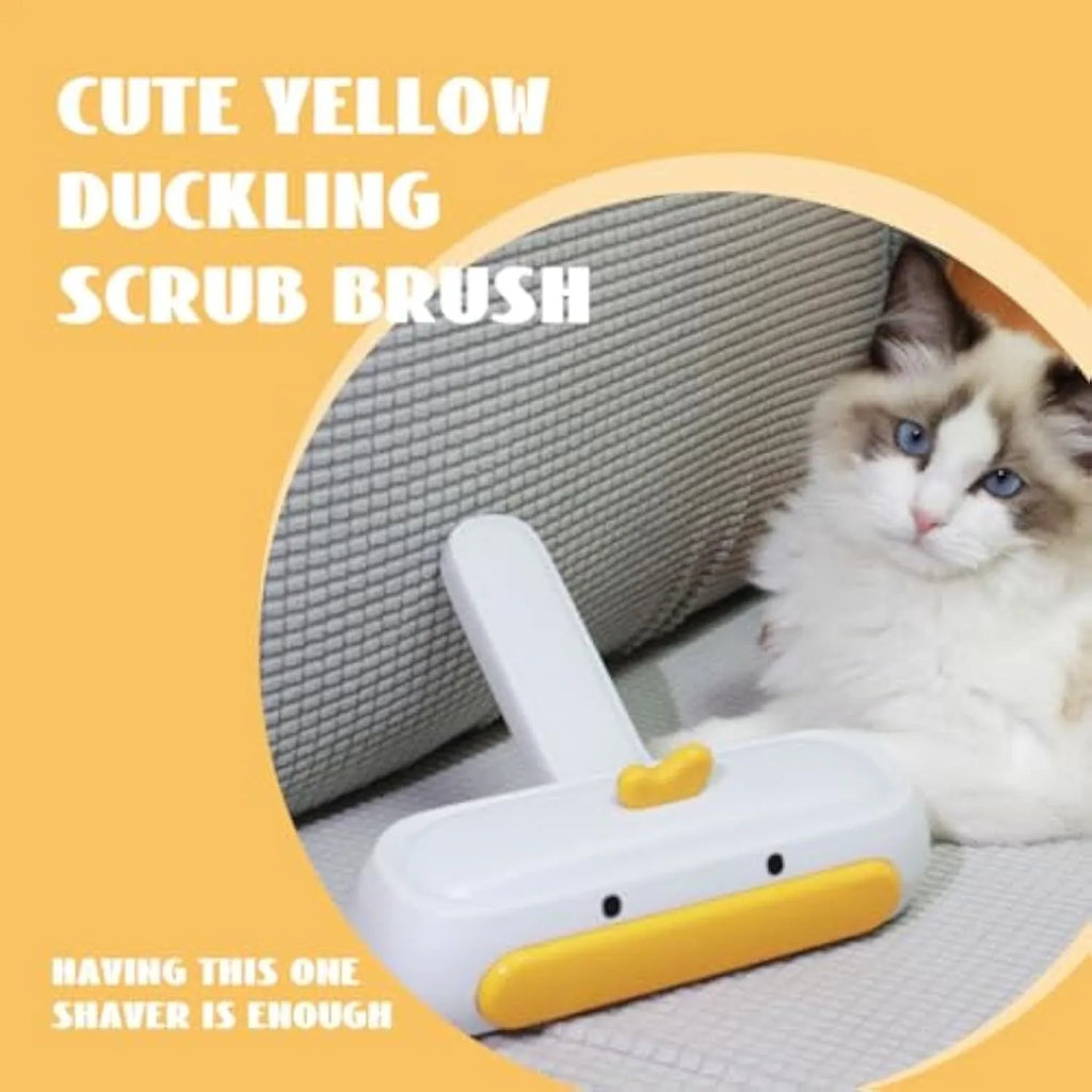 White duck-shaped pet hair remover tool with handle and bristles for removing pet fur