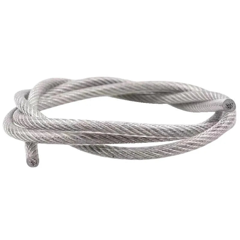 Coiled 304 stainless steel anti-theft security cable with coated finish on a grey background.