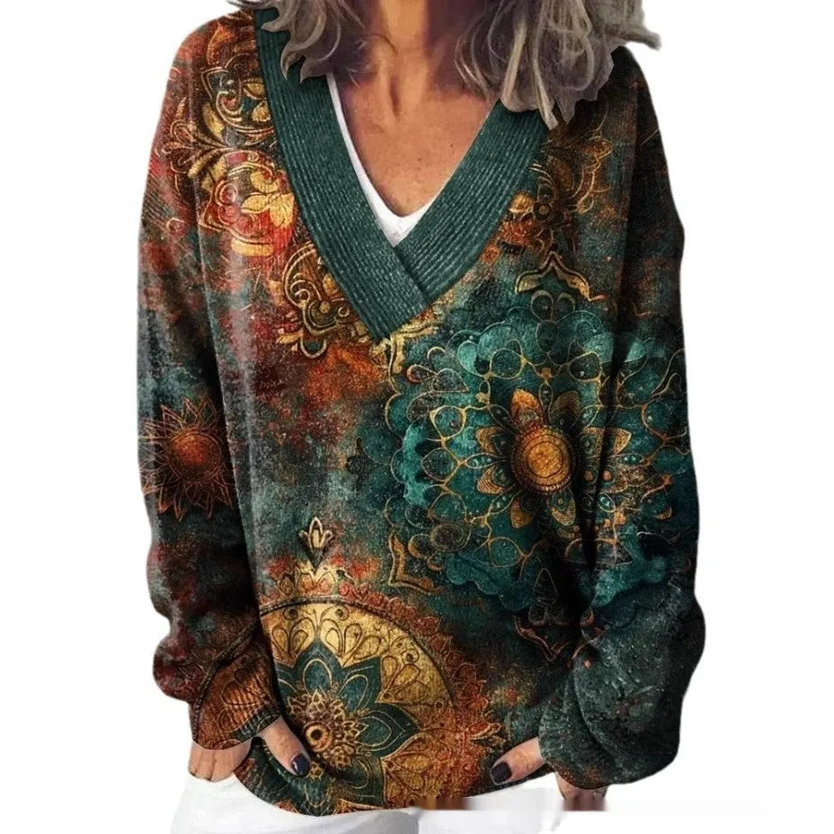 Women's V-neck sweatshirt with 3D floral printed pattern in art retro style