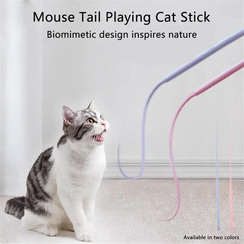 Simulated mouse tail cat toy with blue silicone tail and cat head design measuring 80cm long