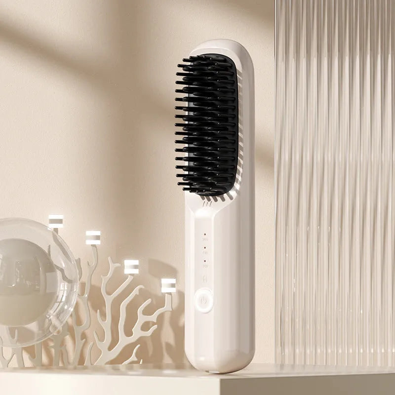Wireless anion hair straightening comb in beige, pink, purple, or black colour options.
