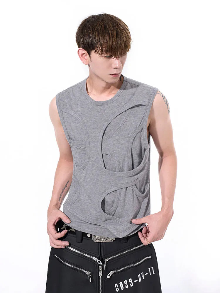 Men's solid black lyocell vest with round neck on a grey background.