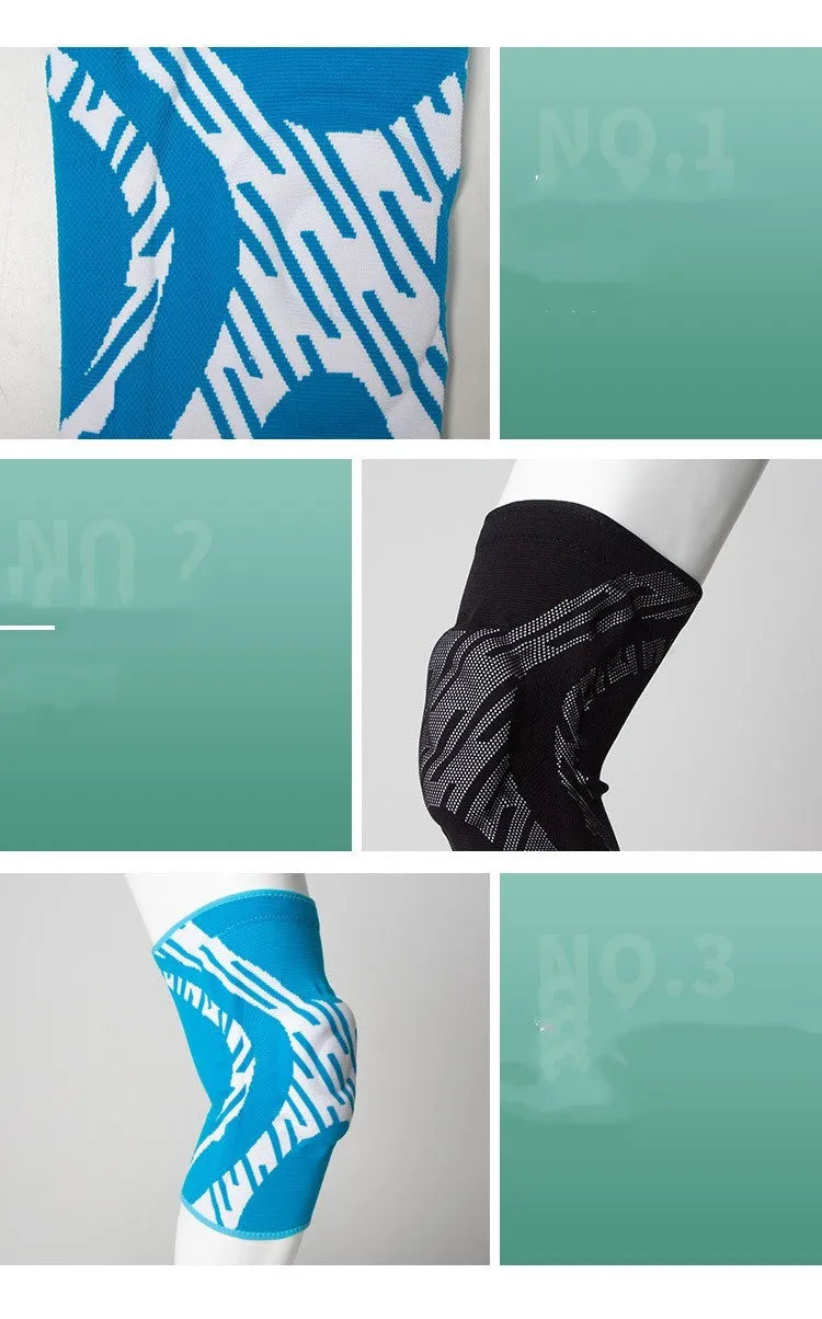 A black nylon compression knee pad for sports, shown laid flat.