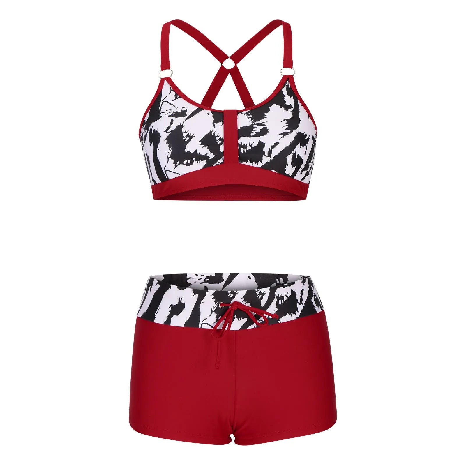 Women's floral print polyester bikini swimsuit in black, shown as a set with bra and split-side briefs.
