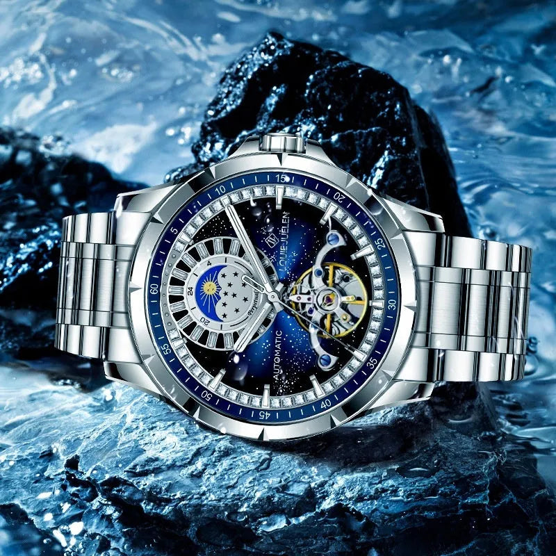 Men's silver automatic mechanical watch with blue dial and stainless steel strap