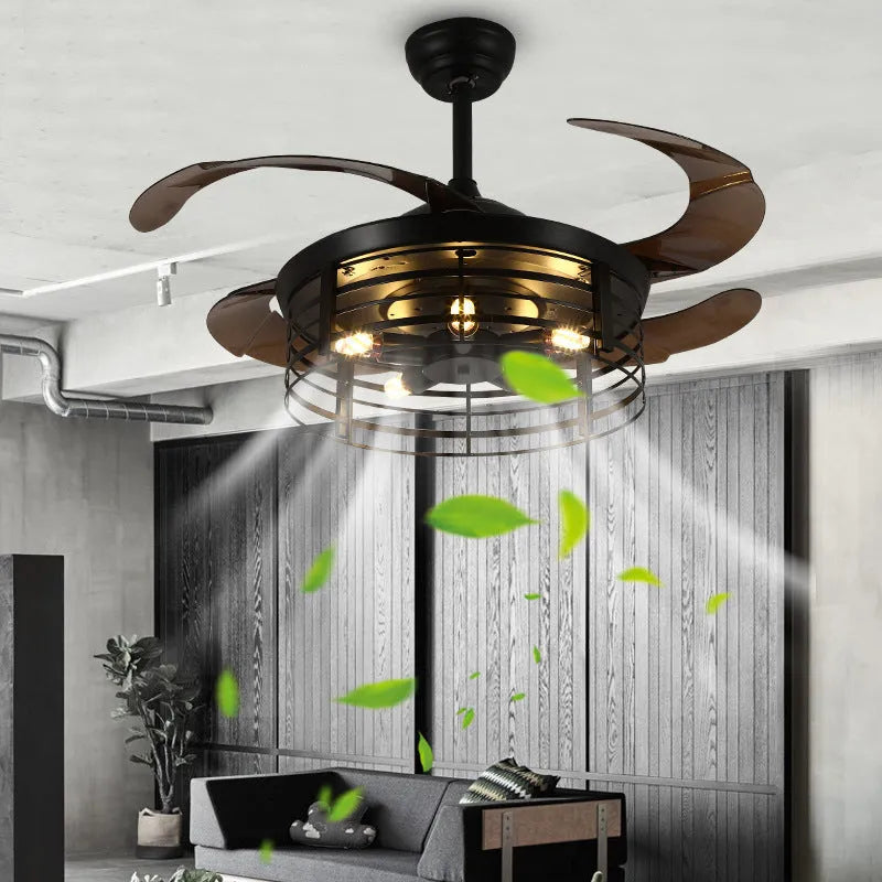 Industrial ceiling fan lamp with integrated lighting and acrylic blades in American retro style