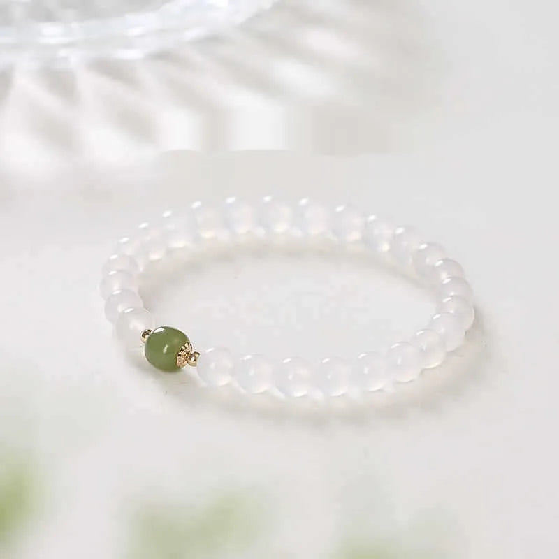 Handmade white agate and Hetian jade crystal bracelet with cinnabar accents in 6mm or 8mm bead sizes