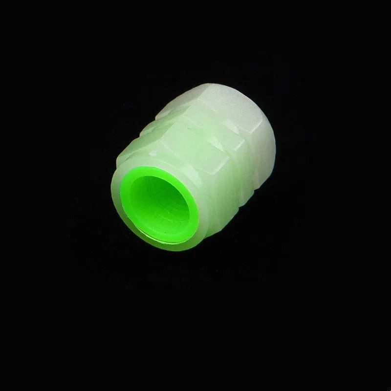 Car luminous rubber valve caps showing glow-in-the-dark feature and 16mm x 12mm size