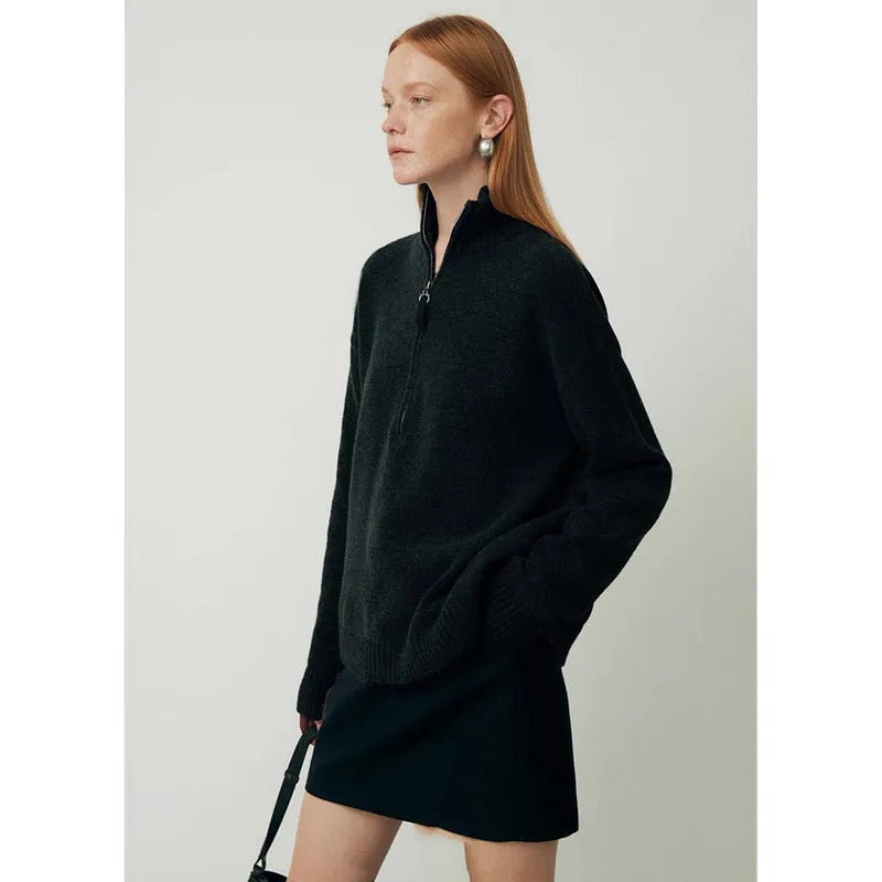 Black wool bandage dress with lapels top and long sleeves, loose fit