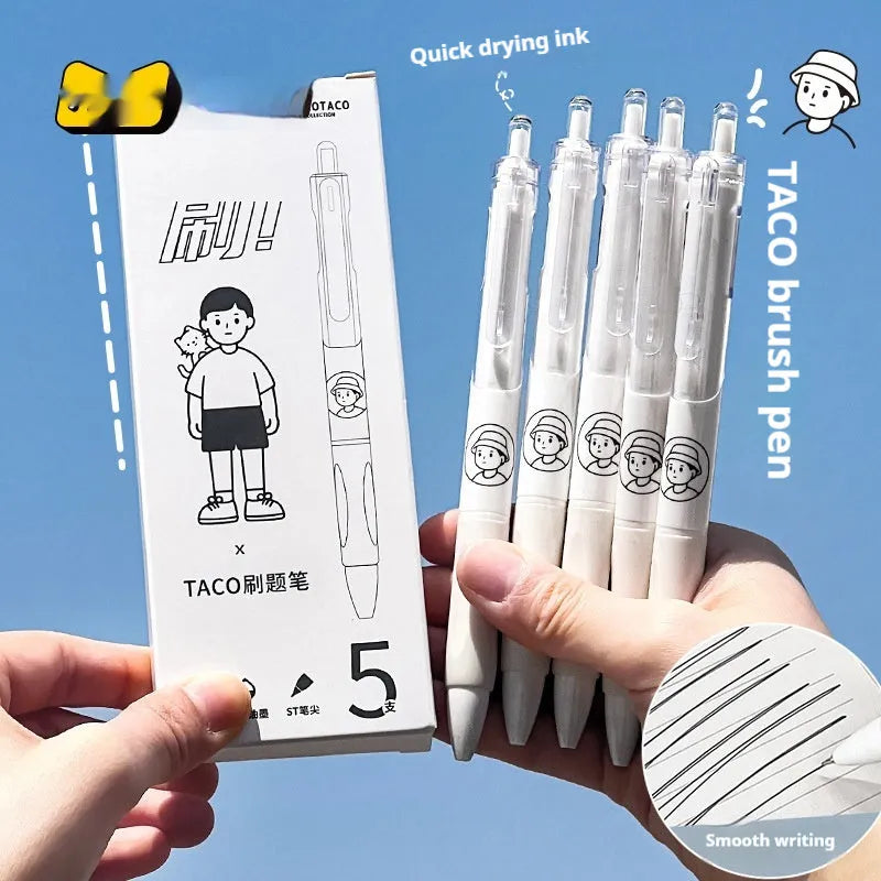 Five plastic ballpoint pens with 0.5mm tips and black ink for student writing