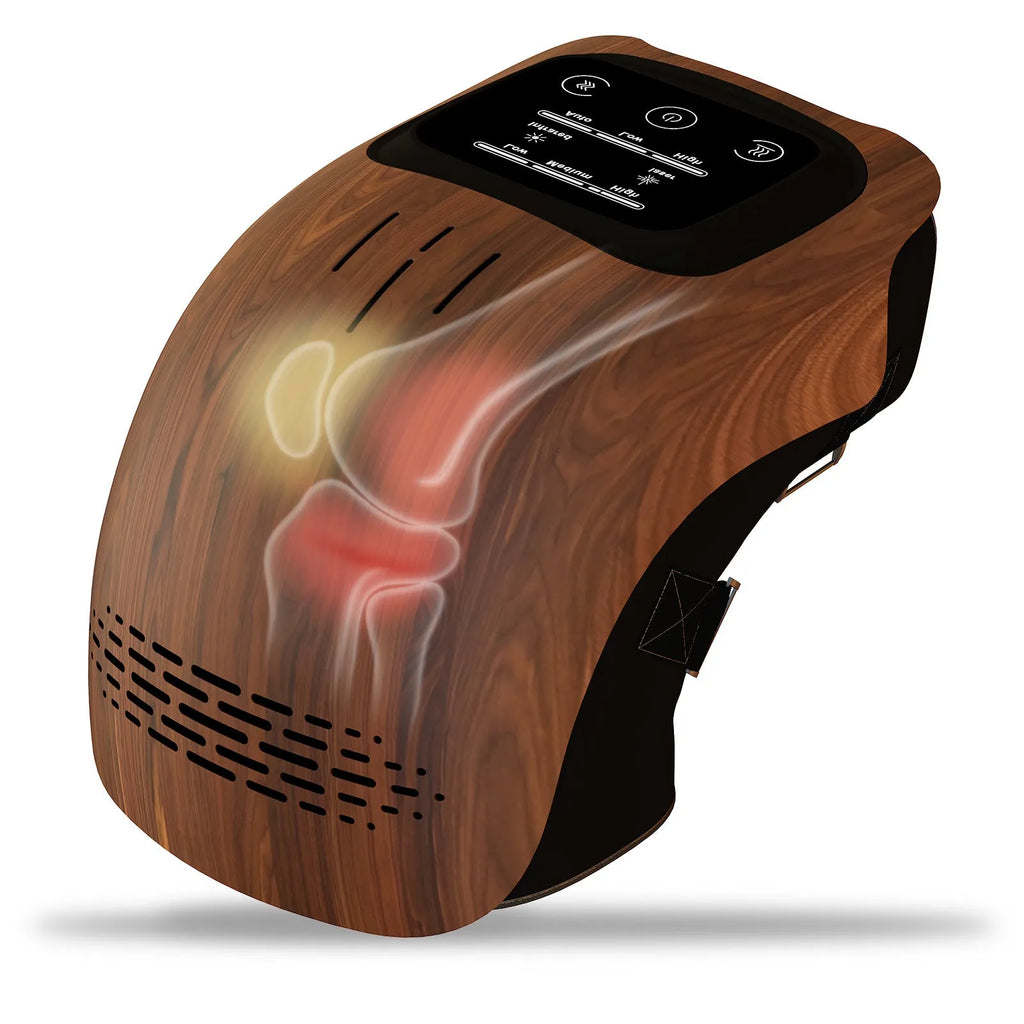 White wearable electric knee massager with straps, showing controls for kneading, heat, and vibration therapy.