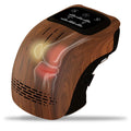 White wearable electric knee massager with straps, showing controls for kneading, heat, and vibration therapy.