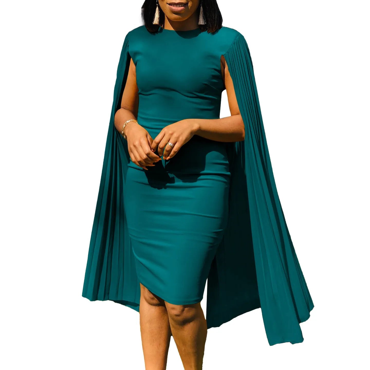 Round neck evening gown with pleated shawl collar and long sleeves in polyester fabric