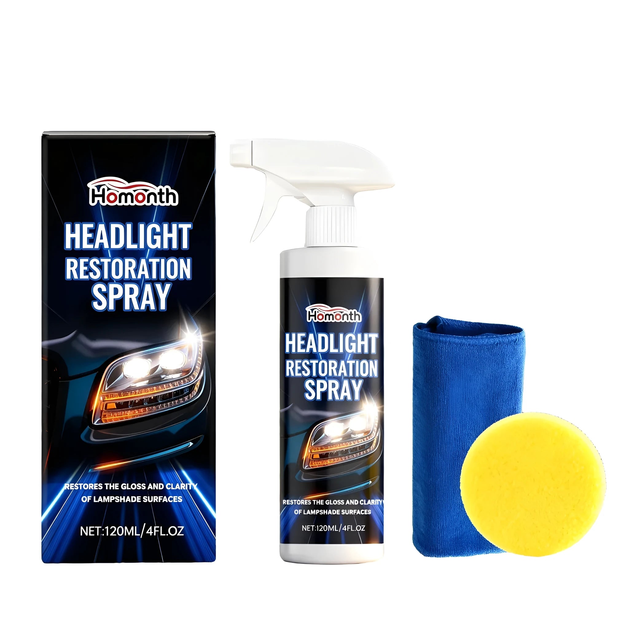 HOMONTH headlight restoration spray kit showing 120ml bottle, sponge and microfiber towel