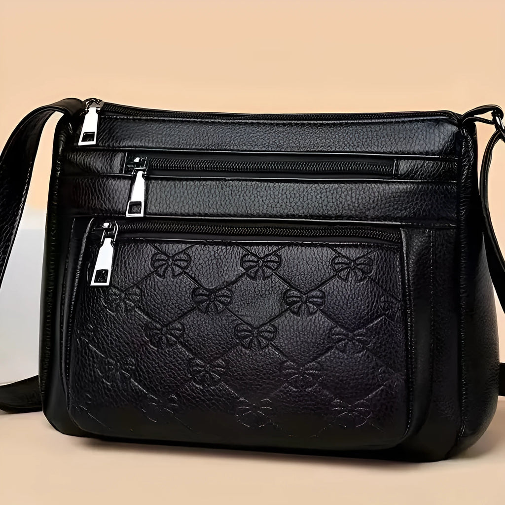 Butterfly black PU leather shoulder messenger bag with horizontal square shape and crossbody strap