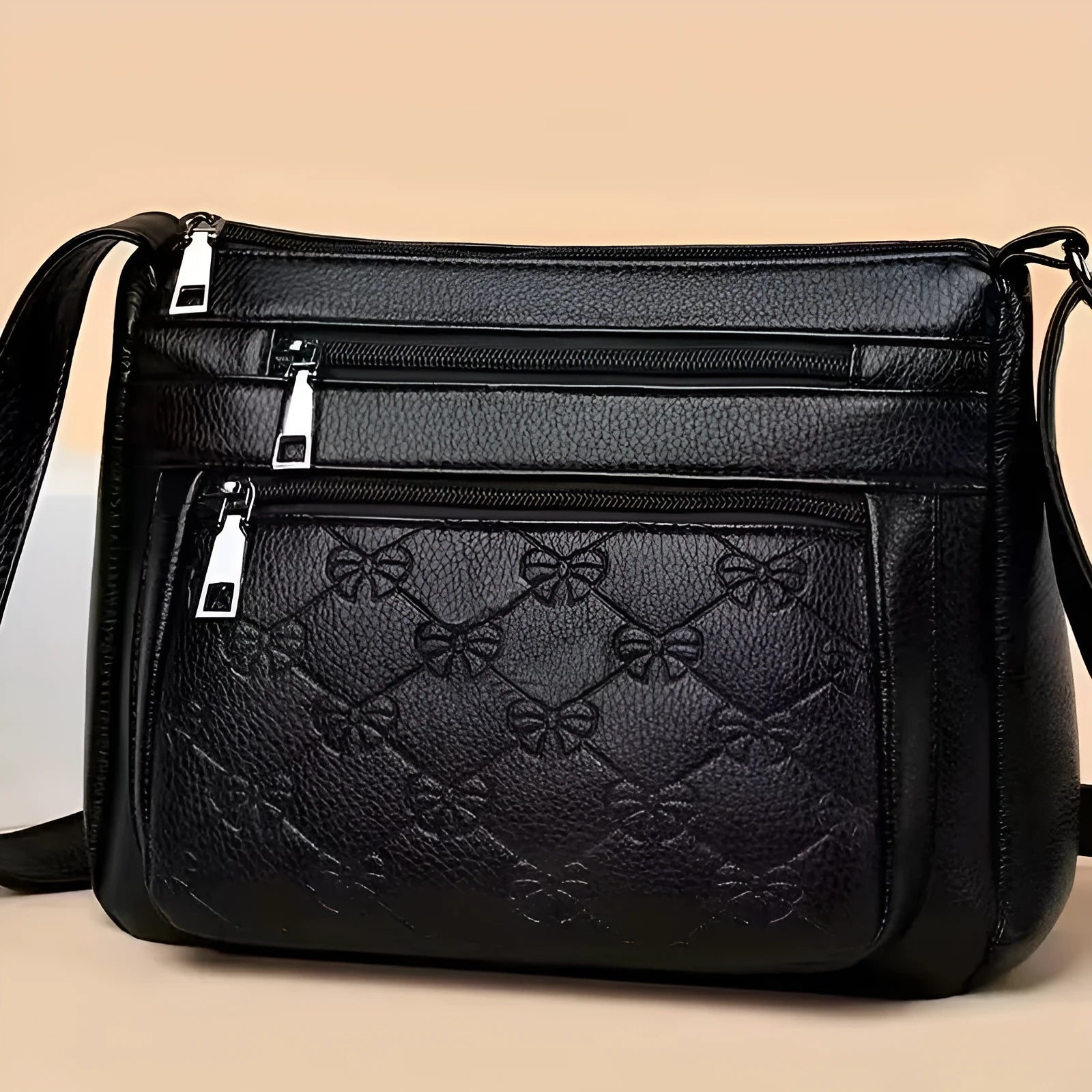 Butterfly black PU leather shoulder messenger bag with horizontal square shape and crossbody strap