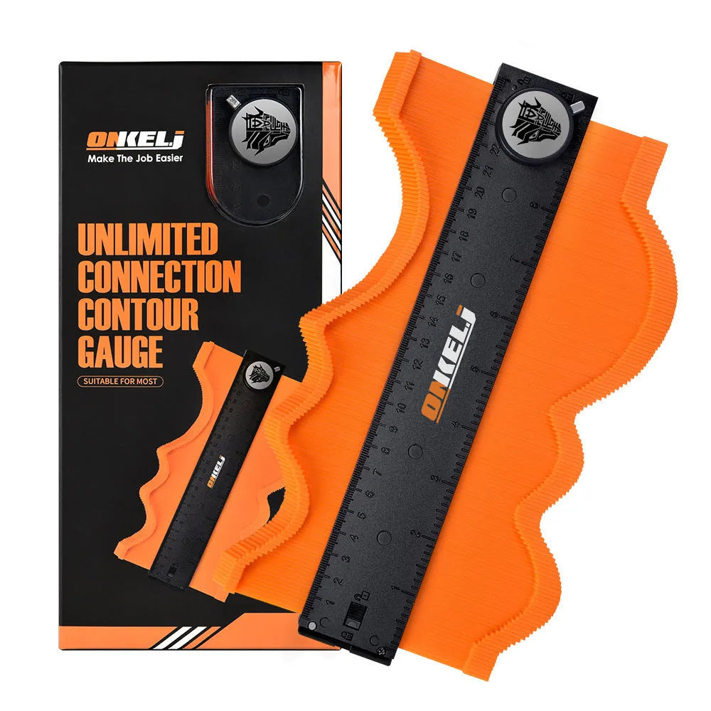 10-inch contour gauge with infinite stitching and lock belt mechanism for profile transfer