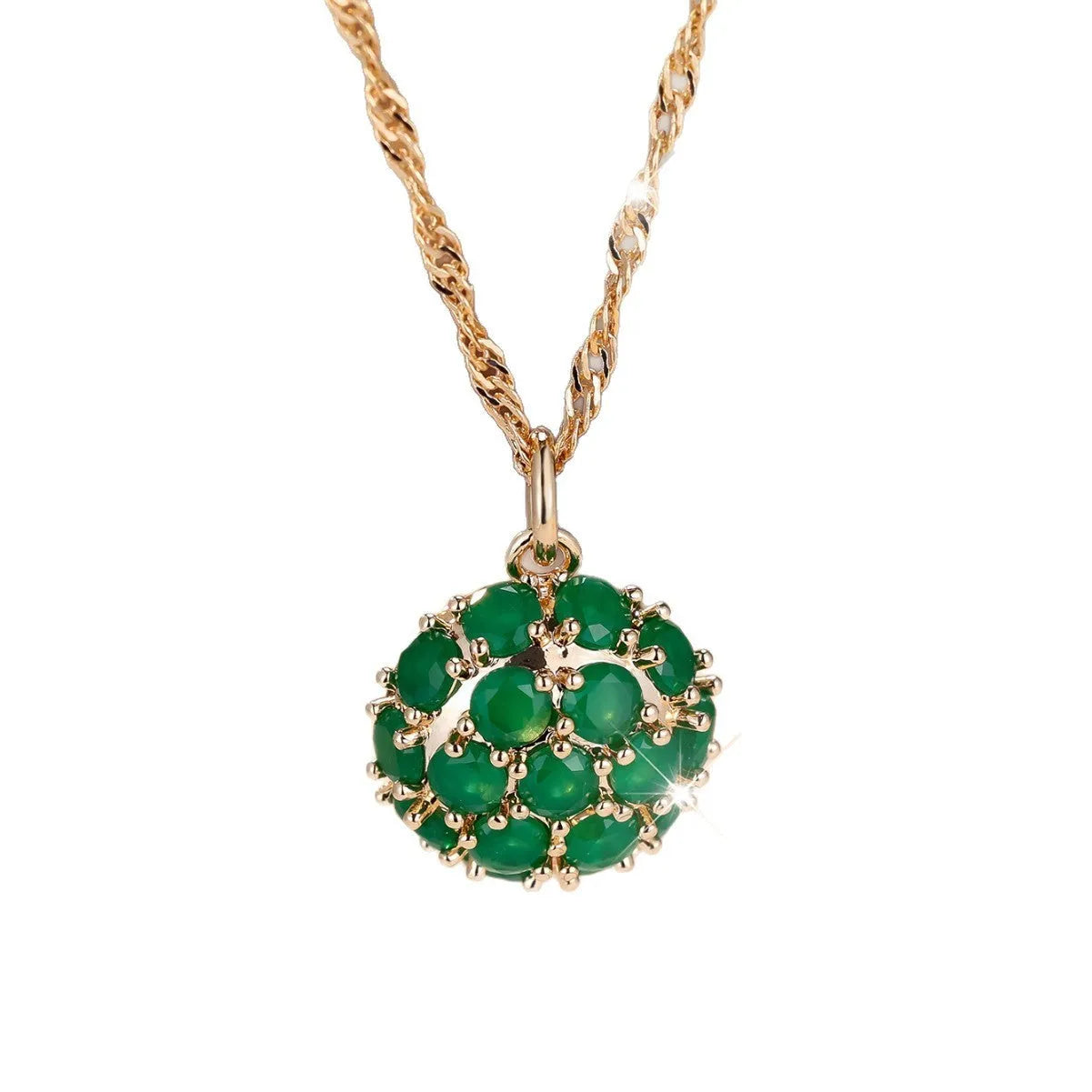Round pendant necklace with emerald diamond elements on champagne gold electroplated chain