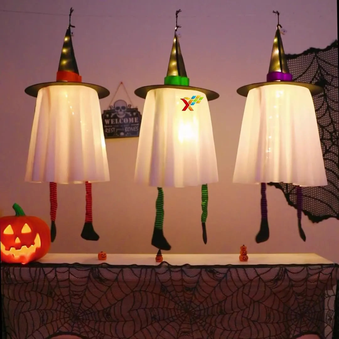 Halloween white LED light string with witch hat and ghost pendants for indoor decoration