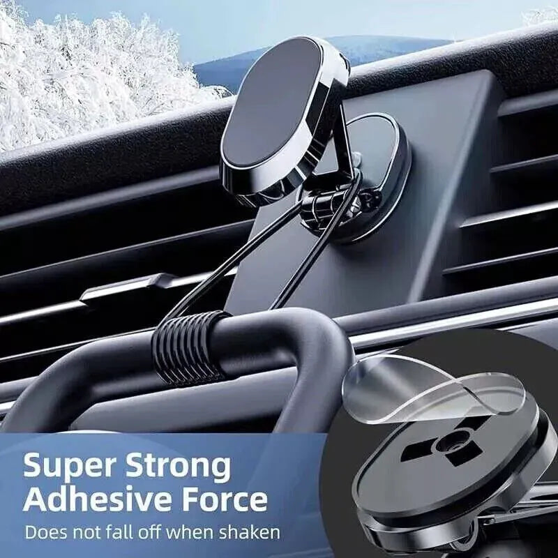 Chrome alloy folding magnetic car phone holder showing extended and folded positions on dashboard