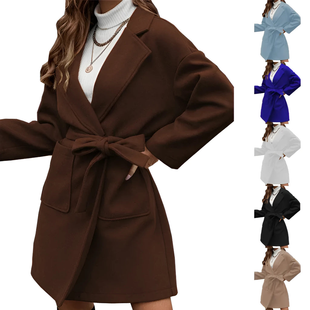 Minimalist long sleeve lapel button coat with belt and split hem in light blue colour