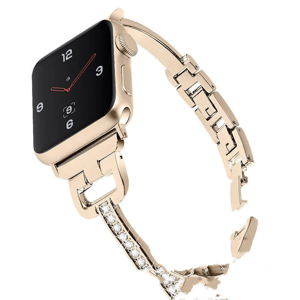 D-shaped metal diamond strap for Apple Watch in multiple colours on a grey background.