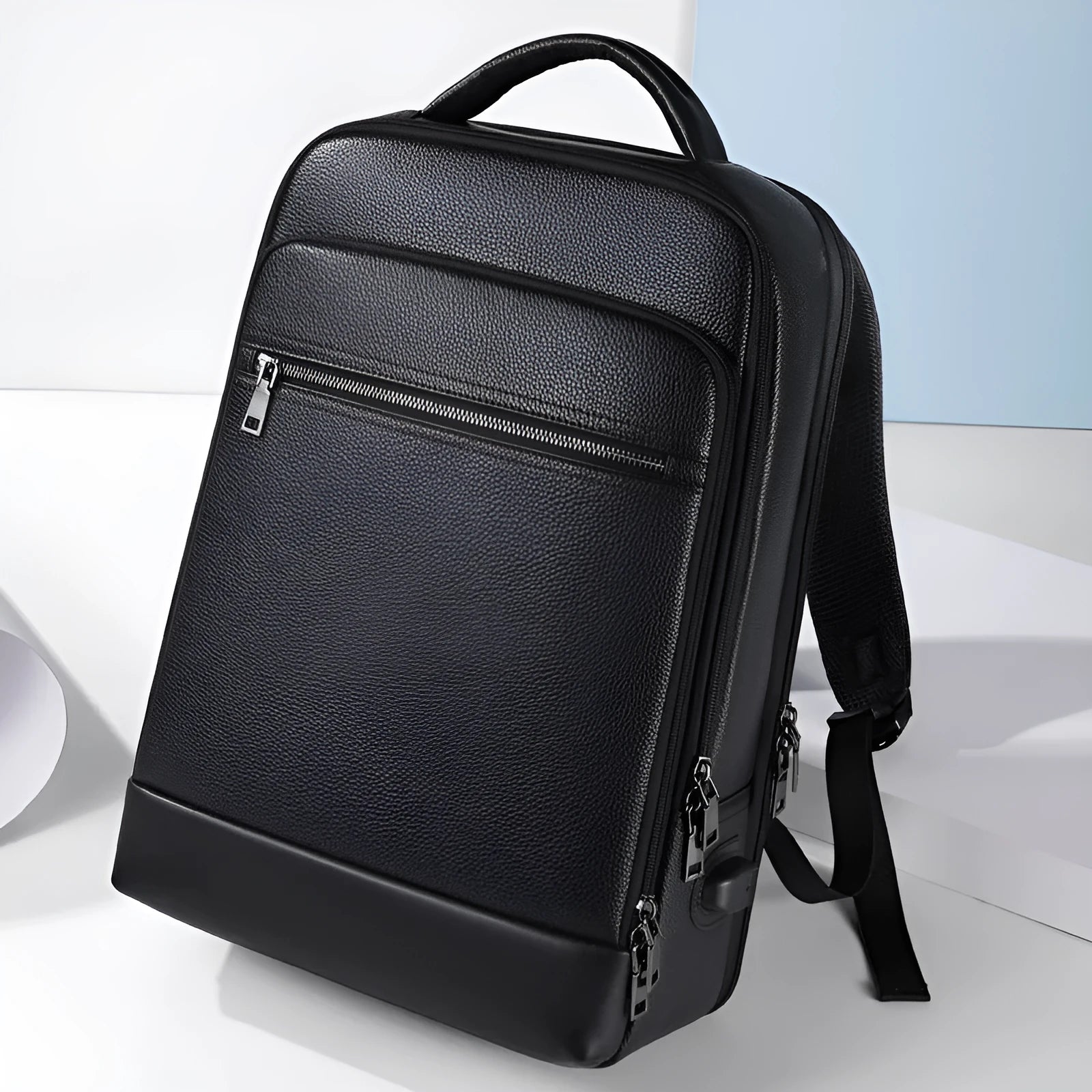 Black leather men's business computer backpack with curved shoulder straps