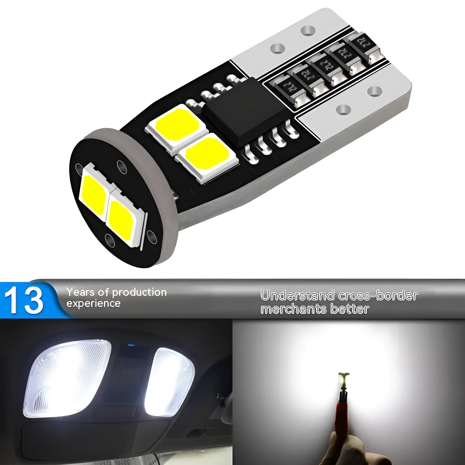 Small white 12V car number plate reading lamp with fibreglass housing.